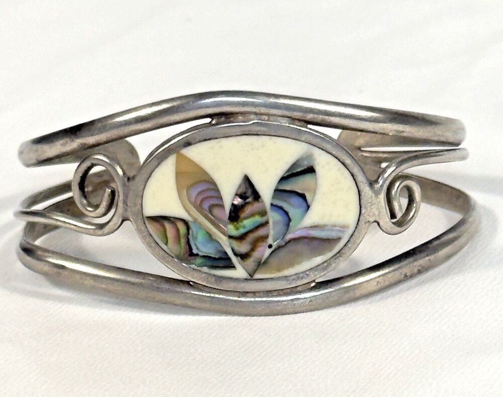 Vintage Mexico Abalone Mother of Pearl Hummingbird Inlay Cuff Bracelet Boho
